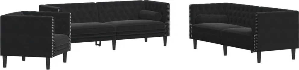 vidaXL Set canapele Chesterfield cu perne rulou 3 piese negru catifea