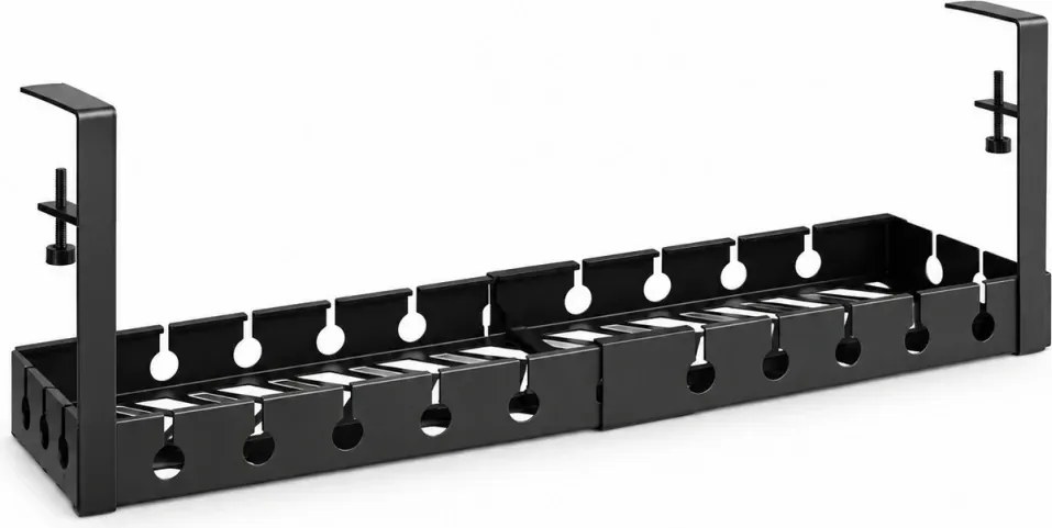 Organizator de cabluri sub birou, extensibil 43–74 cm, lățime 14 cm, prindere fără găurire, oțel carbon, Negru