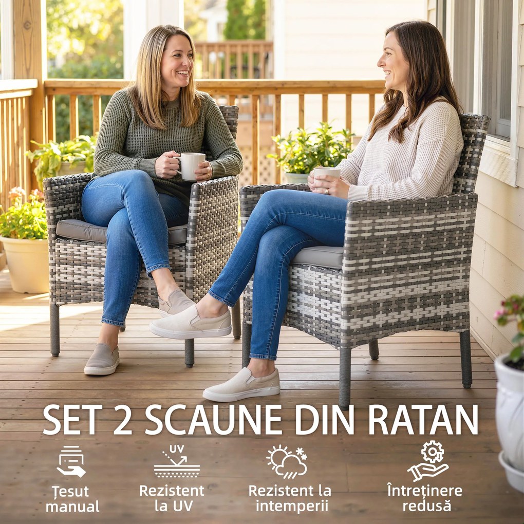 Outsunny Set de 2 Scaune de Grădină din Ratan, Scaune de Exterior cu Perne, Cotiere și Spătar Înalt, Cadru din Oțel pentru Verandă, Balcon, Lângă Piscină și Grădină, Gri | Aosom Romania