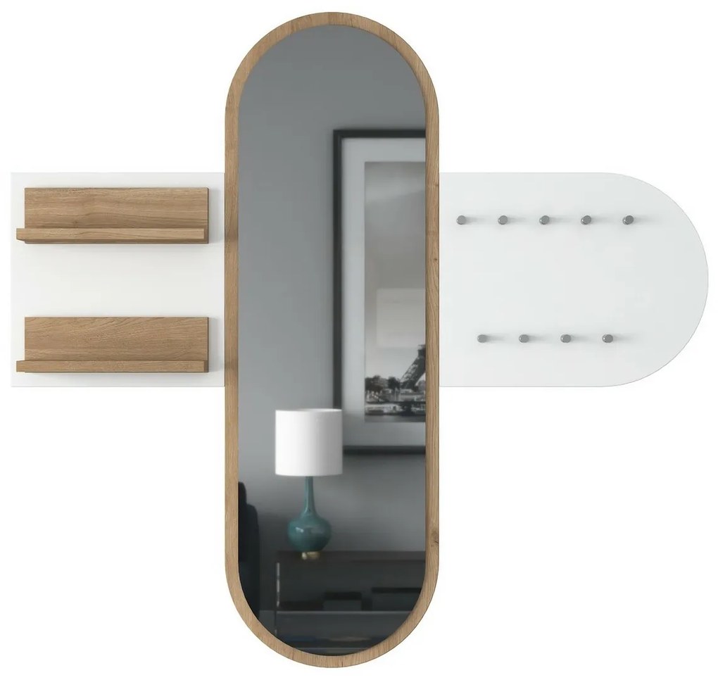 Cuier de perete cu oglindă Pomi White and Walnut