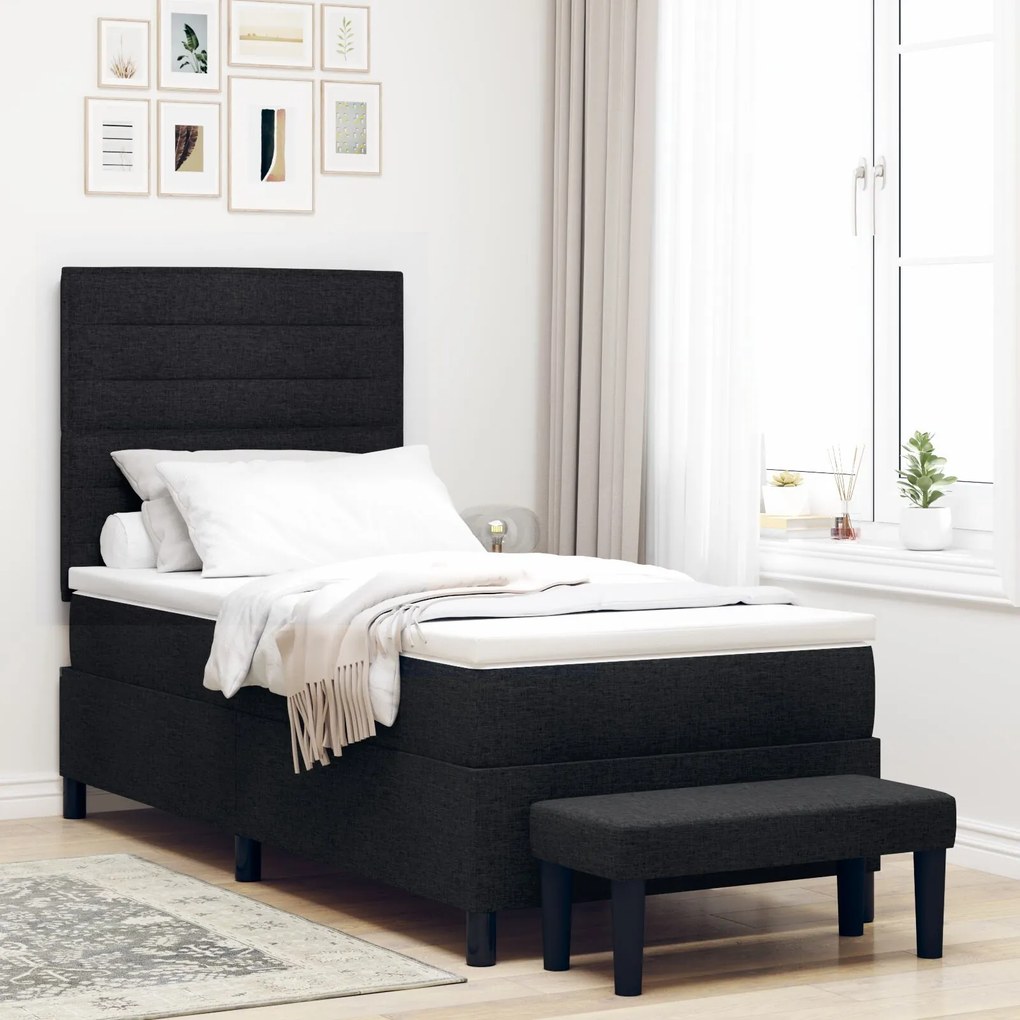 vidaXL Pat cu arcuri cu saltea și bancă neagră 80x200 cm țesătură