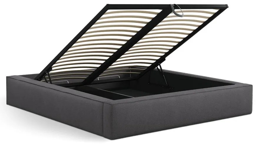 Pat matrimonial gri închis tapițat cu spațiu de depozitare cu somieră 180x200 cm Simon Olivia – Micadoni