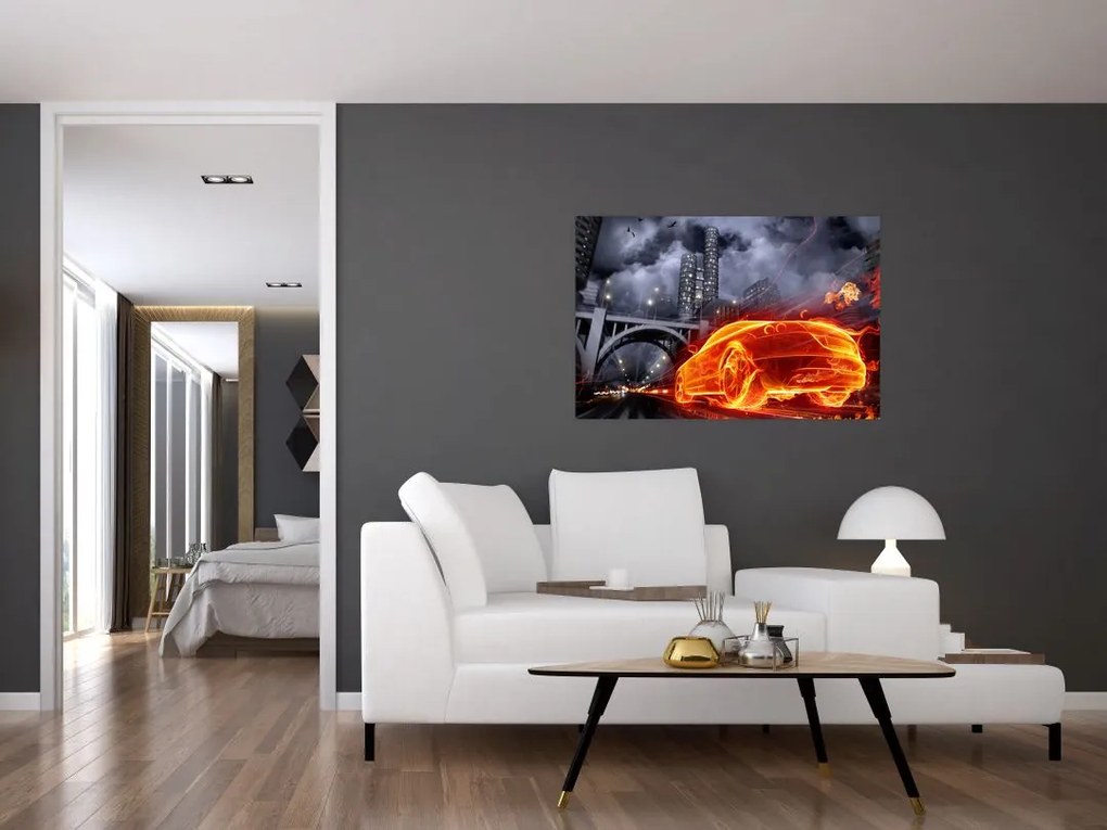 Tablou cu mașina în flăcărată (90x60 cm)