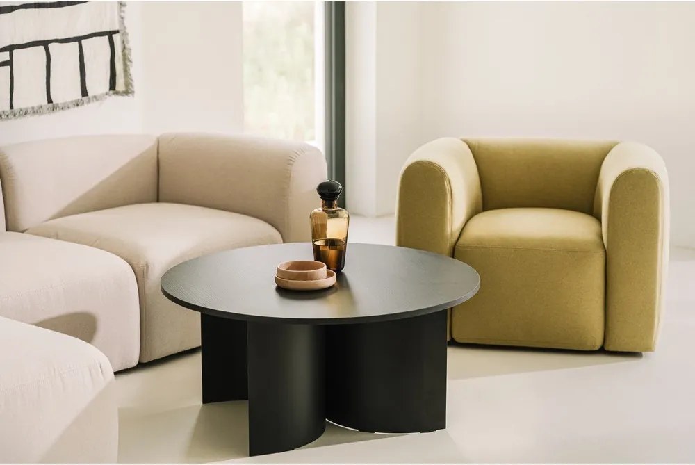 Măsuță de cafea neagră rotundă cu blat cu aspect de lemn de frasin ø 95 cm Gavo – noo.ma