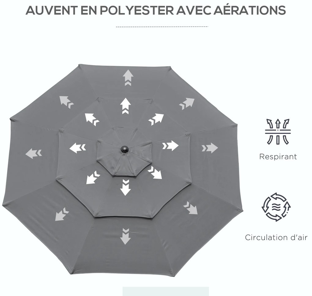 Outsunny Umbrelă de grădină exterioară umbrelă inclinabilă Ø 2,85 x 2,5 m cu manivelă, 2 deschideri, pânză 180 g/m², anti-UV, gri | Aosom Romania