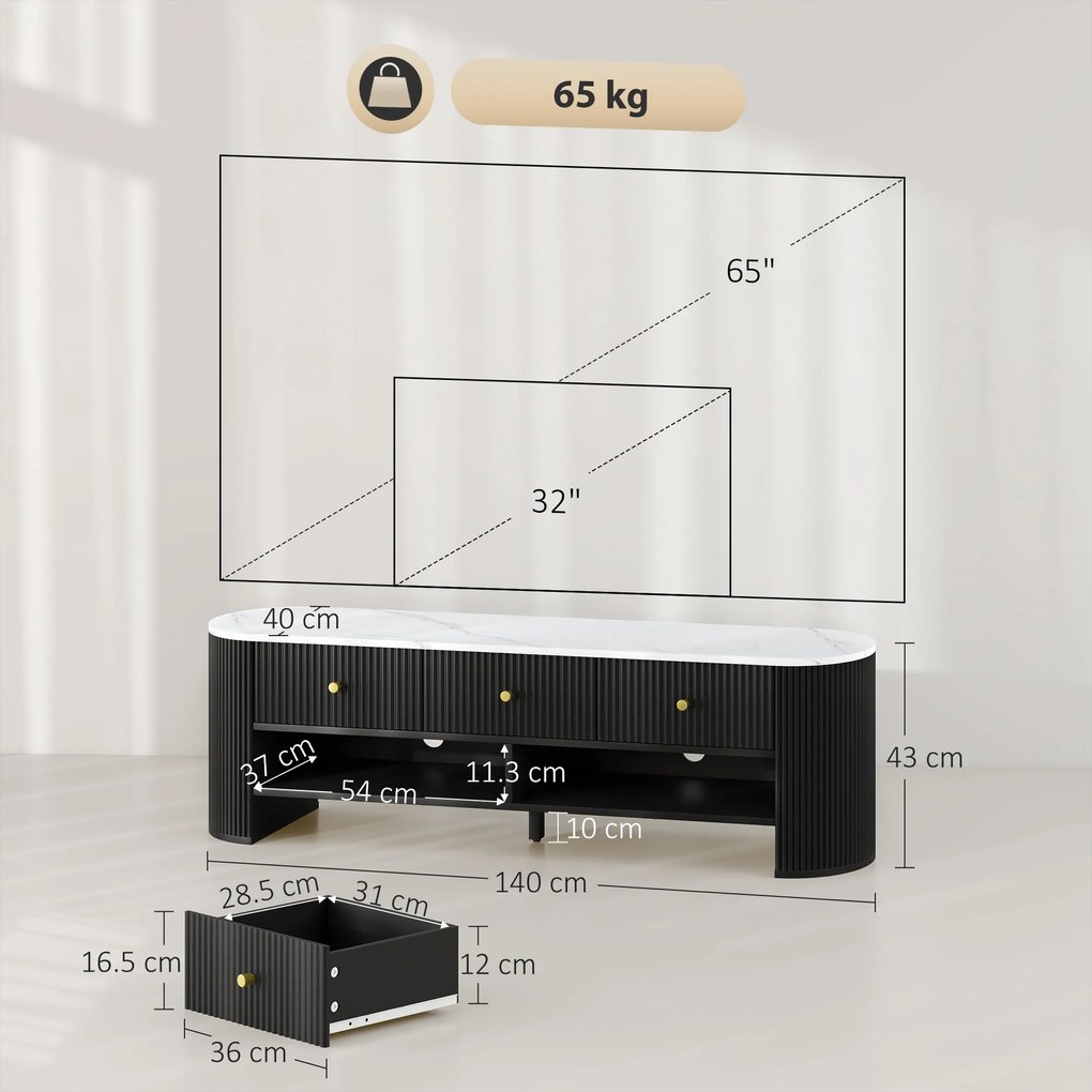 HOMCOM Corp TV 140 cm, pentru televizoare de 165 cm, efect marmură, 3 sertare cu fronturi canelate, 2 rafturi, negru | Aosom Romania