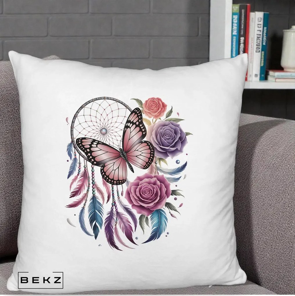 Perna Personalizata Prinzator de Vise cu Fluture si Trandafiri, 40x40 cm, Alb Pufos, Husa Detasabila, Perna Inclusa, BEKZ®