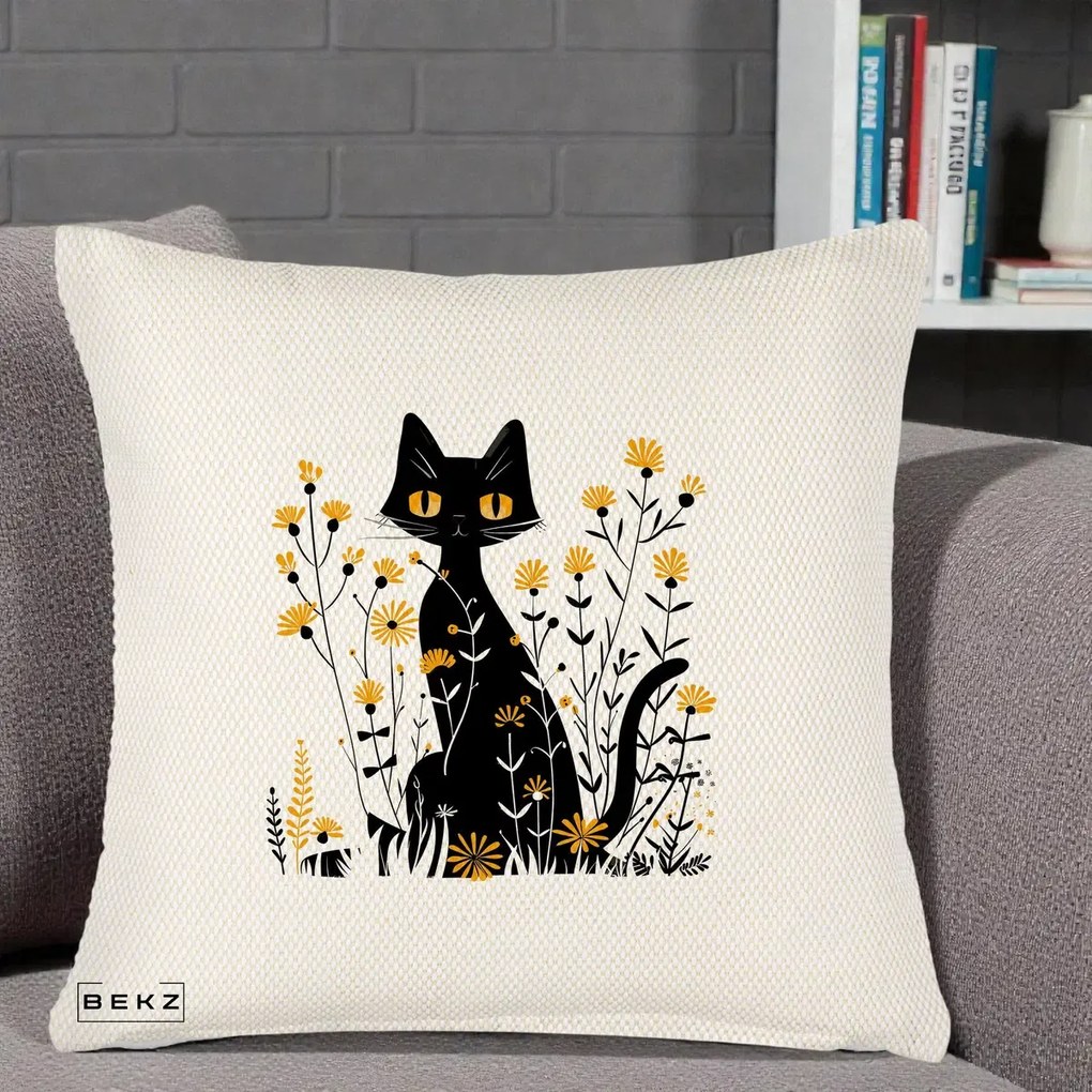 Perna Decorativa Pisica Neagra Ochi Galbeni Flori Galbene, 40x40 cm, Crem Reliefat, Husa Detasabila, Perna Inclusa, BEKZ®