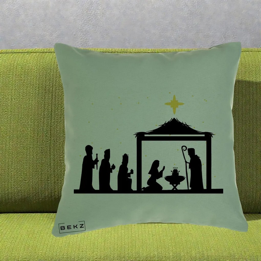 Perna Decorativa Nasterea Pruncului Silueta Neagra si Stea Aurie, 40x40 cm, Verde, Husa Detasabila, Perna Inclusa, BEKZ®