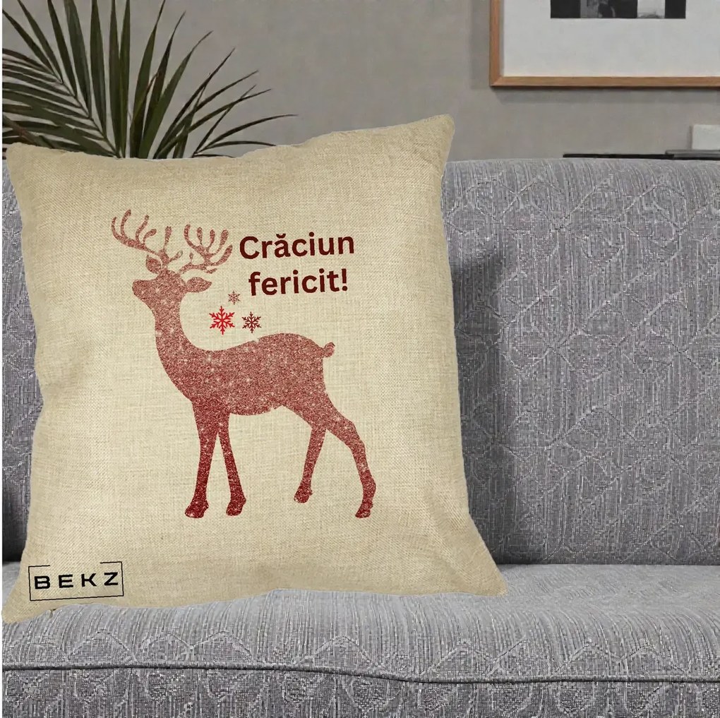 Perna Decorativa Ren Sclipitor Glitter Craciun Fericit, 40x40 cm, Crem, Husa Detasabila, Perna Inclusa, BEKZ®