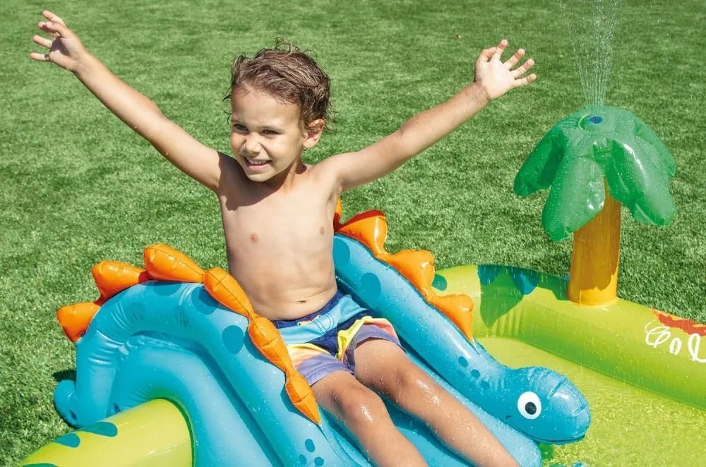 loc de joacă gonflabil cu dinozauri - piscină pentru copii cu tobogan și fântână