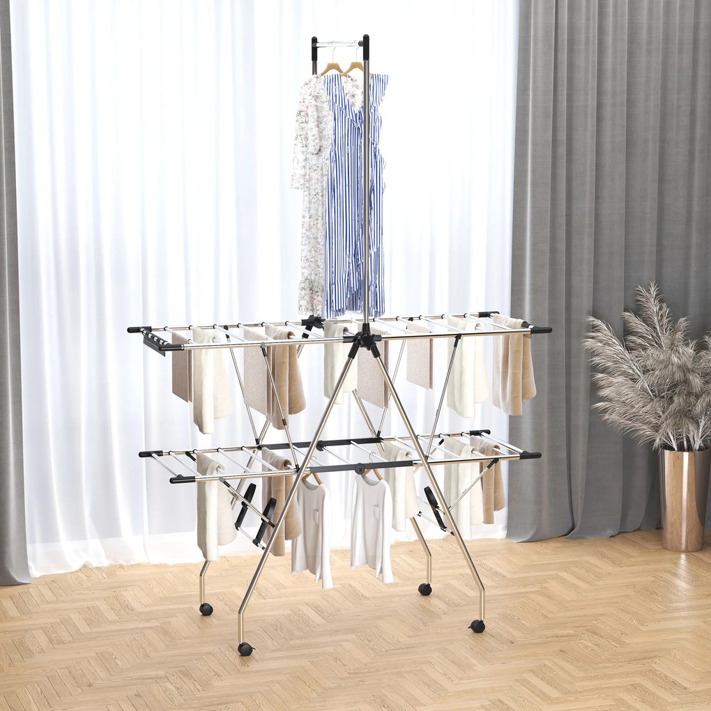 HOMCOM Uscător de rufe cu suport pliabil și roți, spațiu mare de uscare, oțel inoxidabil 138,5 x 63 x 208 cm argintiu negru | Aosom Romania