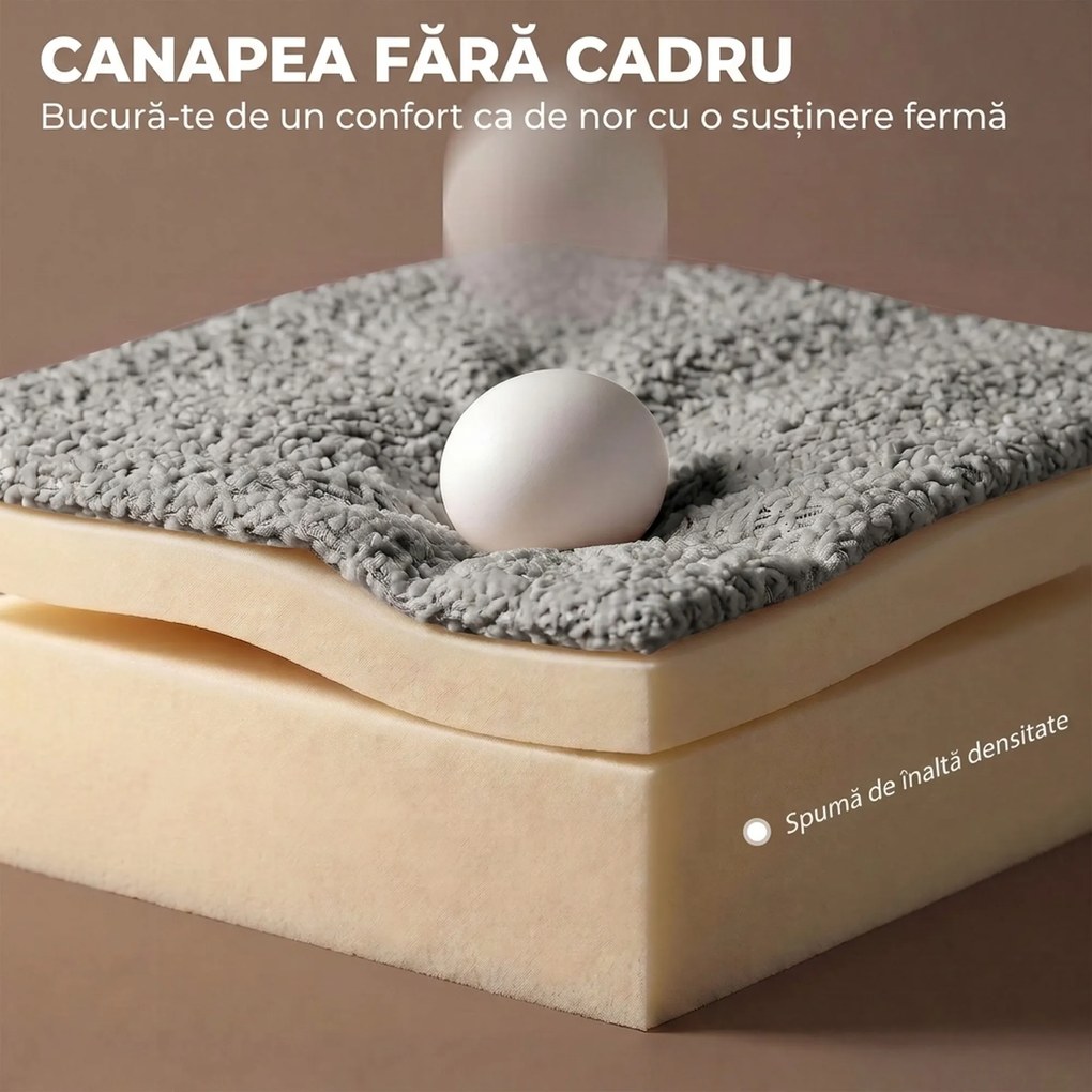 HOMCOM Canapea 3 locuri fără cadru, cu șezut amplu, 6 perne, design curbat, din chenille, gri deschis | Aosom Romania