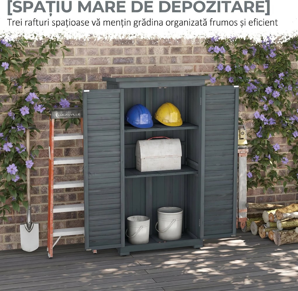 Outsunny Dulap de grădină pentru unelte din lemn, 2 rafturi, acoperiș bituminos, uși cu obloane, 87 x 47 x 160 cm, gri | Aosom Romania