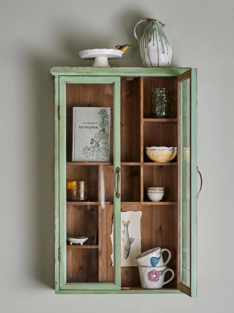 Vitrina verde, din lemn cu aspect vintage, 7 rafturi, Hazem