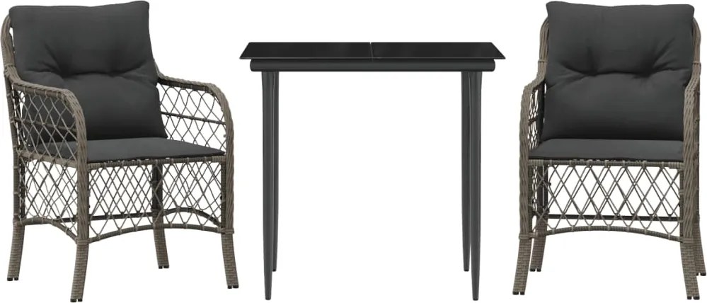 vidaXL Set bistro de grădină cu perne, 3 piese, gri, poliratan