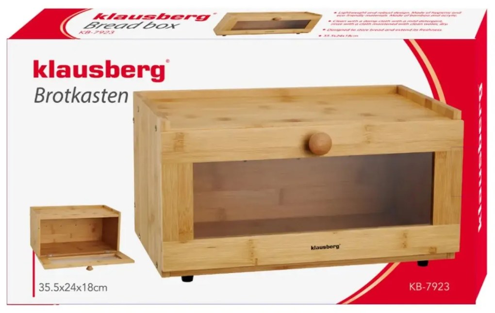 Cutie pentru pâine din bambus cu front acrilic, 35.5×24×18 cm, Klausberg KB-7923