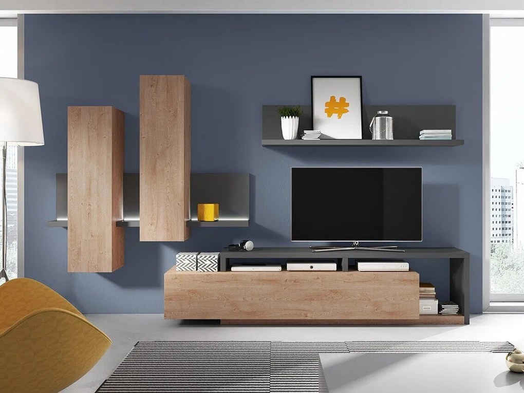 Mobilă pentru sufragerie Austin G100Ribbeck stejar, Antracit, Părți separate, Cu comodă tv, Cu componente suplimentare, PAL laminat, 219x45cm
