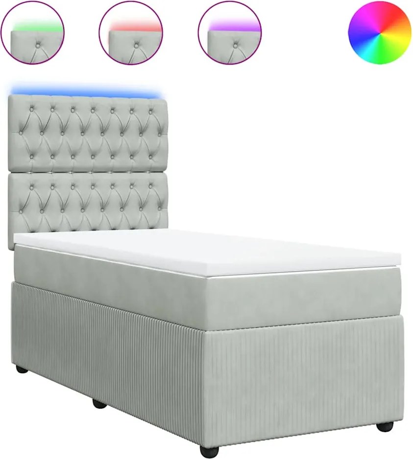 vidaXL Pat box spring cu saltea, gri deschis, 90x190 cm, catifea
