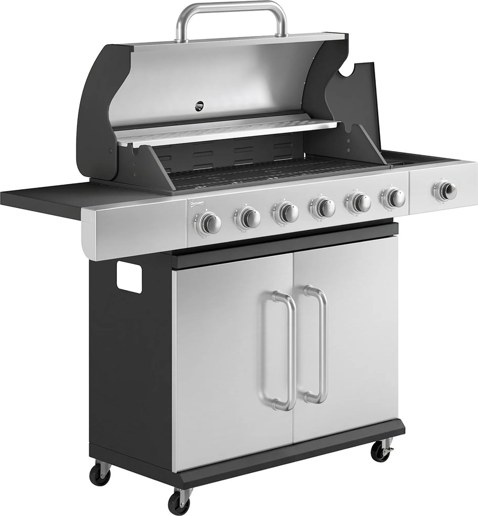 Outsunny Grătar pe Gaz, 6 Arzătoare, Arzător Lateral, Grilaj din Fontă, Dulap Inclus | Aosom Romania
