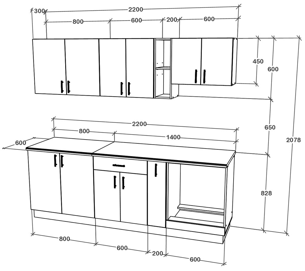 Set haaus V14, Gri Lucios/Alb, MDF, Blat Thermo 28 mm, L 220 cm