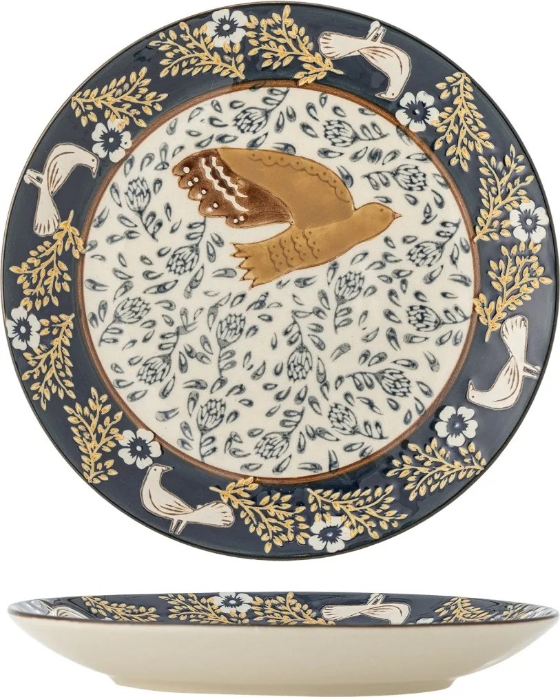 Farfurie din ceramică albastră cu păsări și motive florale pictate manual, 16×2 cm, „Hezha"