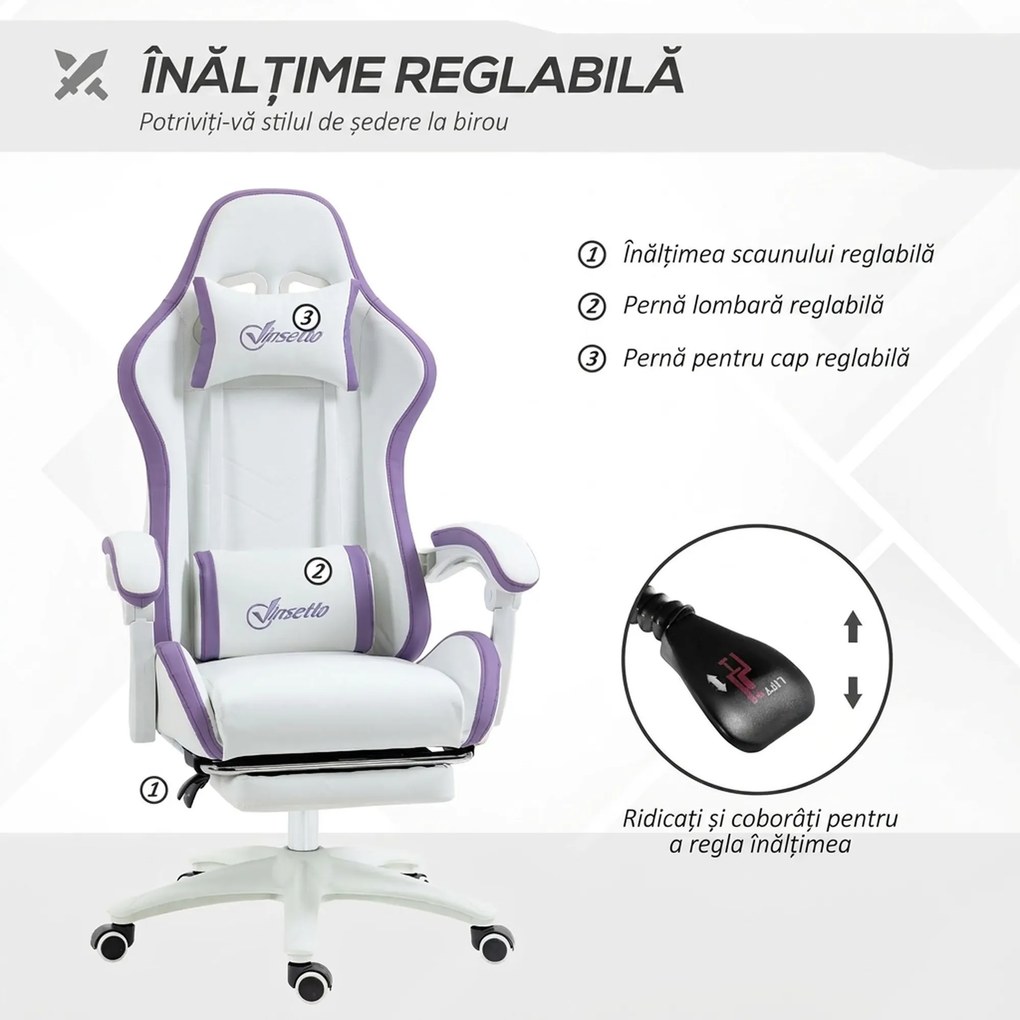 Vinsetto Scaun Gaming Reglabil pe Înălțime cu Tetieră, Alb și Mov | Aosom Romania