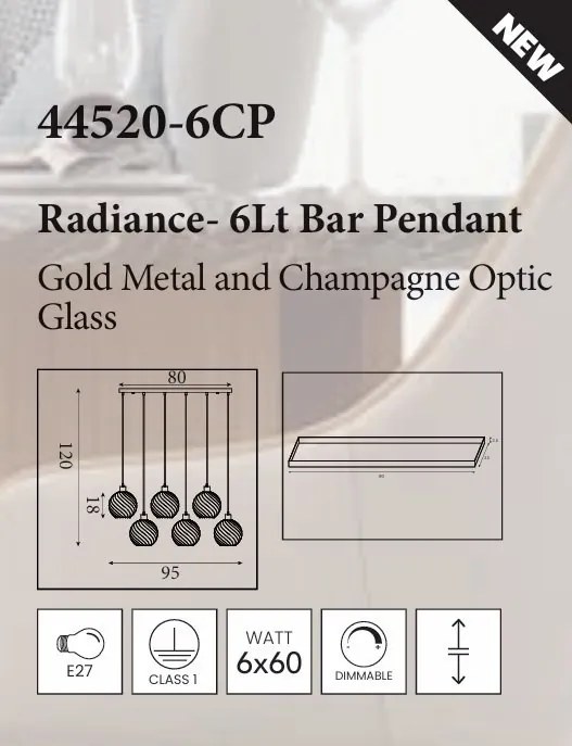 Lustra cu 6 pendule metal auriu, sticla champanie Radiance