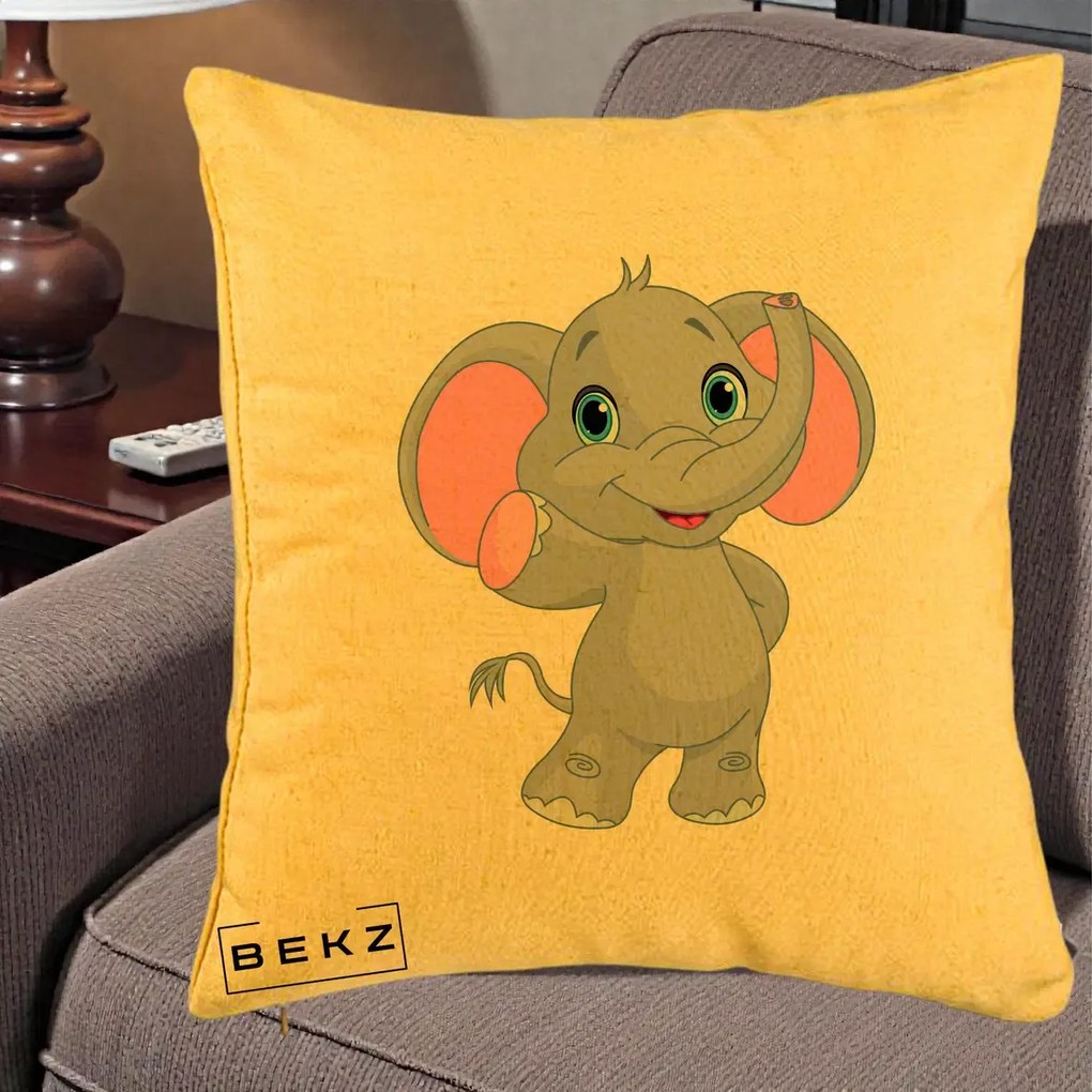 Perna Decorativa Pui de Elefant Kawaii, 40x40 cm, Galben, Husa Detasabila, Perna Inclusa, BEKZ®