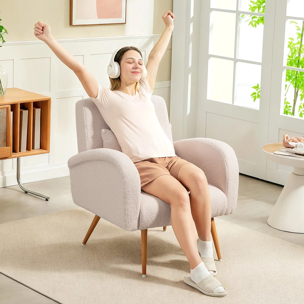 HOMCOM Fotoliu pentru Sufragerie Captusit, Fotoliu de Cameră în Material Teddy cu Pernă Lombardă, Fotoliu de Lectură cu Picioare cu Efect de Lemn din Metal pentru Sufragerie și Birou, 77x77x83 cm, Bej | Aosom Romania