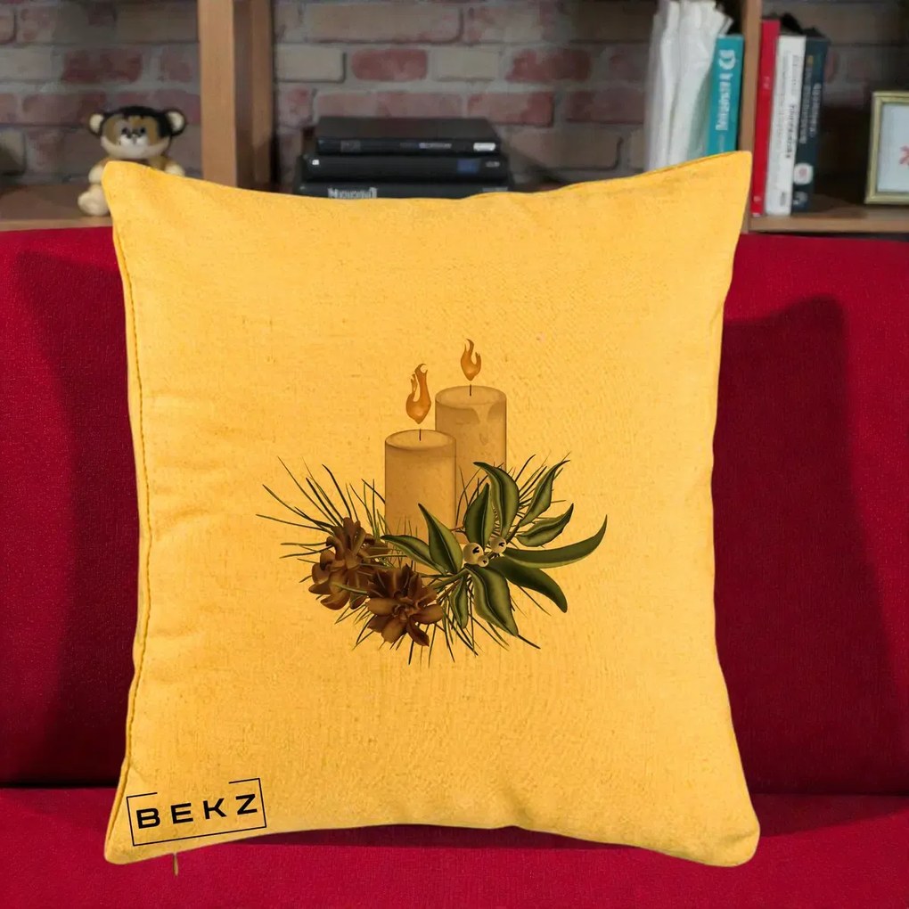 Perna Decorativa Lumanari cu Ilex si Conuri Ilustratie, 40x40 cm, Galben, Husa Detasabila, Perna Inclusa, BEKZ®