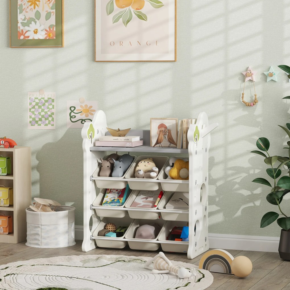 AIYAPLAY Etajeră pentru Copii, Organizator de Depozitare Jucării cu 4 Niveluri și 9 Coșuri, 77x42x94 cm, Crem Alb | Aosom Romania