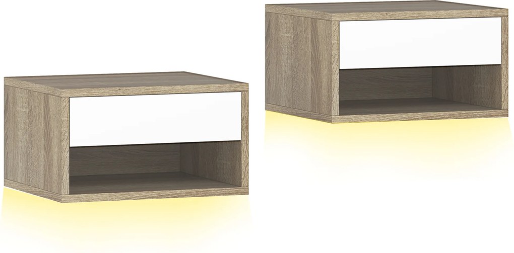HOMCOM Set 2 Noptiere Suspendate cu LED RGB Integrat și Reglabil prin Aplicație, 37x32x21 cm, Alb Imitație Lemn | Aosom Romania
