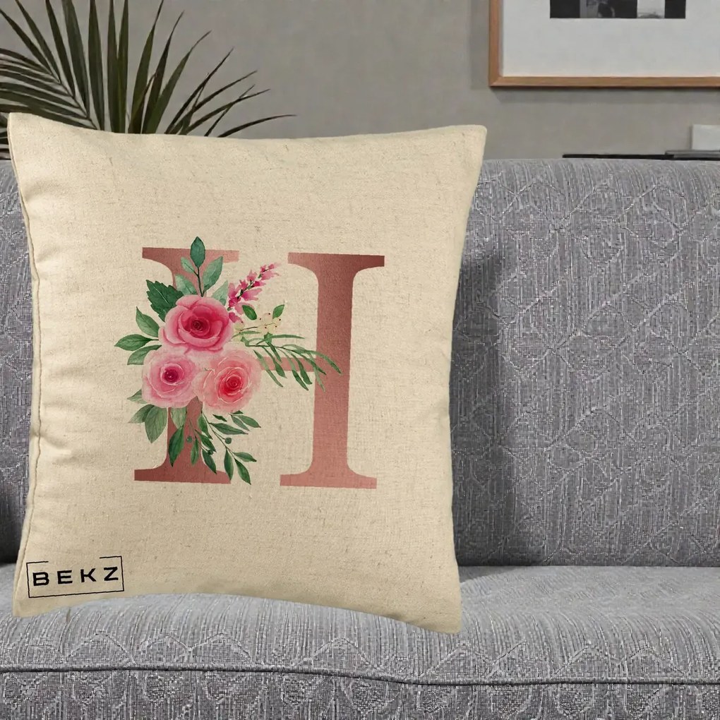 Cadou Personalizat - Perna Personalizata Monograma Rose Gold Litera H, 40x40 cm, Bej, Husa Detasabila, Perna Inclusa, BEKZ®
