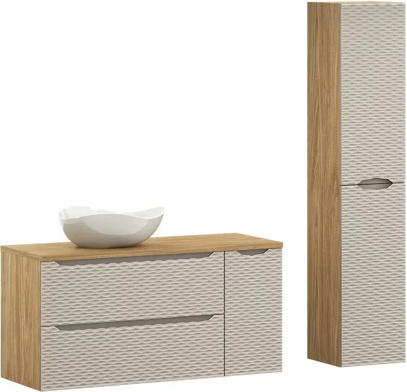 Set mobilier baie 120 cm 5 piese Comad Ocean bej si stejar uleiat