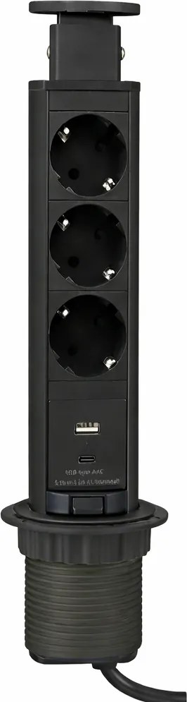 Priză încorporabilă în blat Lift Box Design Light, 3 prize Schuko, USB A + C, negru, D: 60 mm Plastic, Negru, D:60 mm