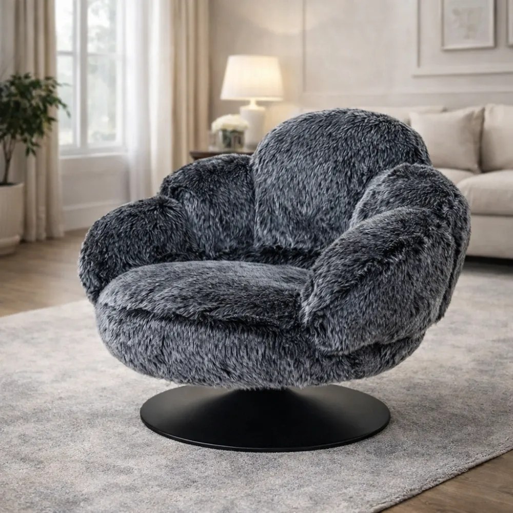 Fotoliu de relaxare rotativ 360° tip Lounge, tapițerie Mink Cashmere, bază metalică neagră Ø60 cm, Gri, 96x93x78 cm