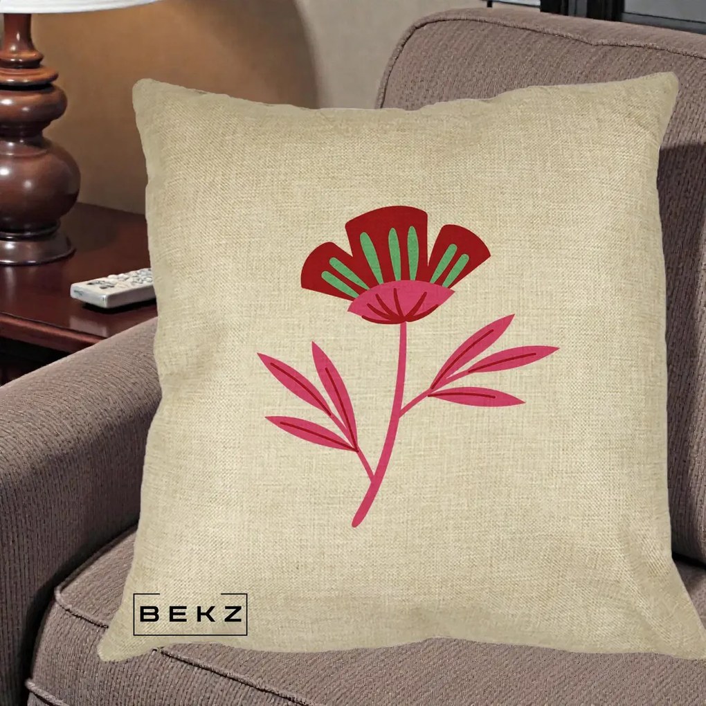 Perna Decorativa Floare Macul Roz-Rosu Grafic, 40x40 cm, Crem, Husa Detasabila, Perna Inclusa, BEKZ®