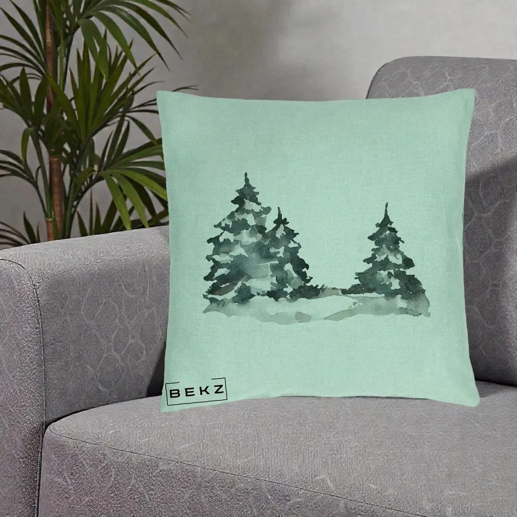 Perna Decorativa Brazi Inzapeziti Acuarela, 40x40 cm, Verde Menta, Husa Detasabila, Perna Inclusa, BEKZ®