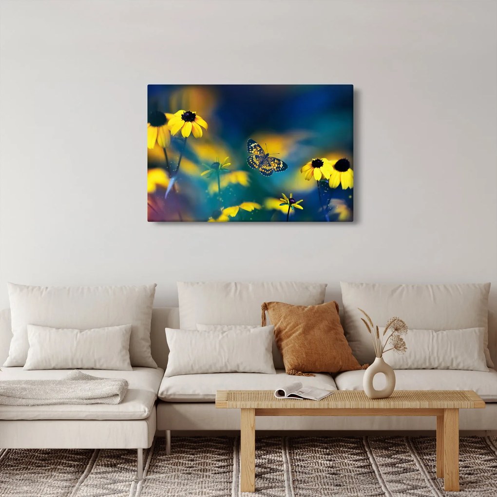 Tablou - Fluture galben și flori (90x60 cm)