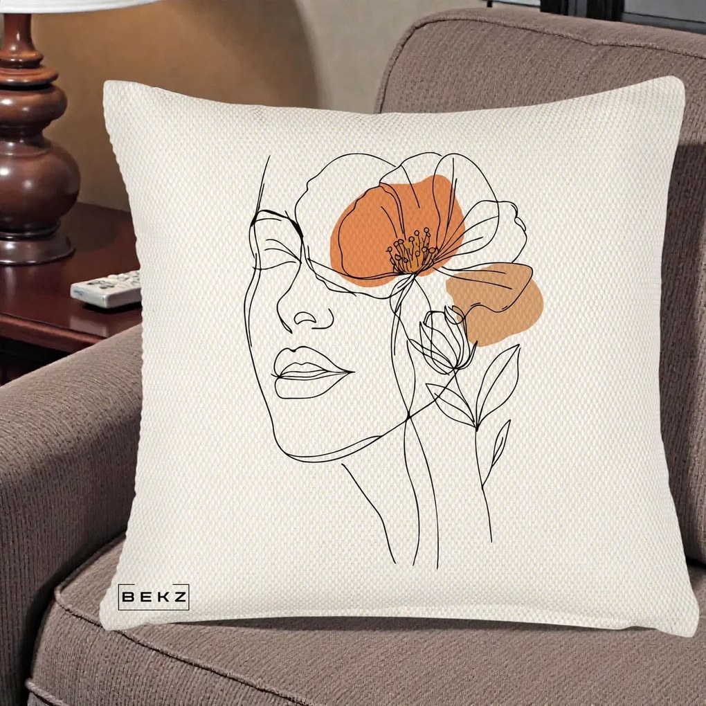Perna Decorativa Portret Feminin Mac Profilat, 40x40 cm, Crem Reliefat, Husa Detasabila, Perna Inclusa, BEKZ®