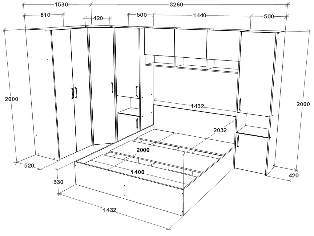 Set haaus V15, Pat 200 x 140 cm, Stejar Alb/Antracit