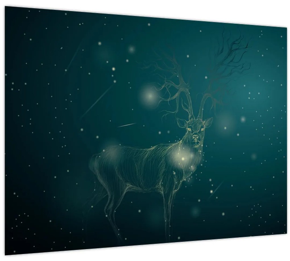 Tablou pe sticlă - Cerb magic noaptea (70x50 cm)