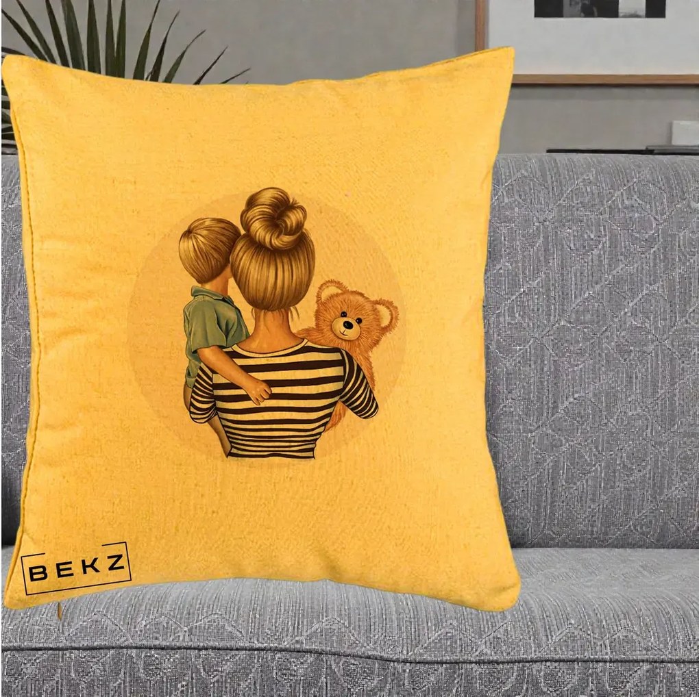 Cadou pentru Mama - Perna Personalizata Mama si Baietelul cu Ursulet, 40x40 cm, Galben, Husa Detasabila, Perna Inclusa, BEKZ®