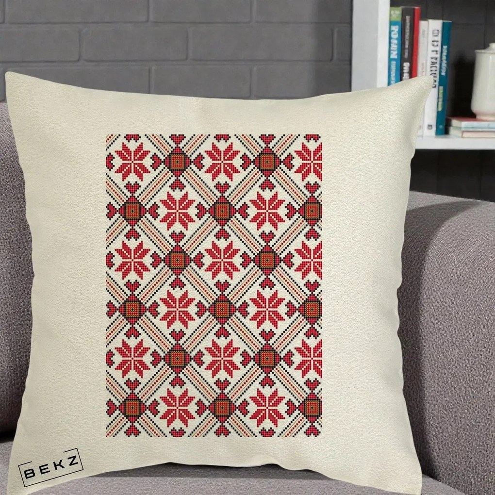 Perna Personalizata Motiv Traditional Ie Romaneasca Rosu, 40x40 cm, Ecru, Husa Detasabila, Perna Inclusa, BEKZ®