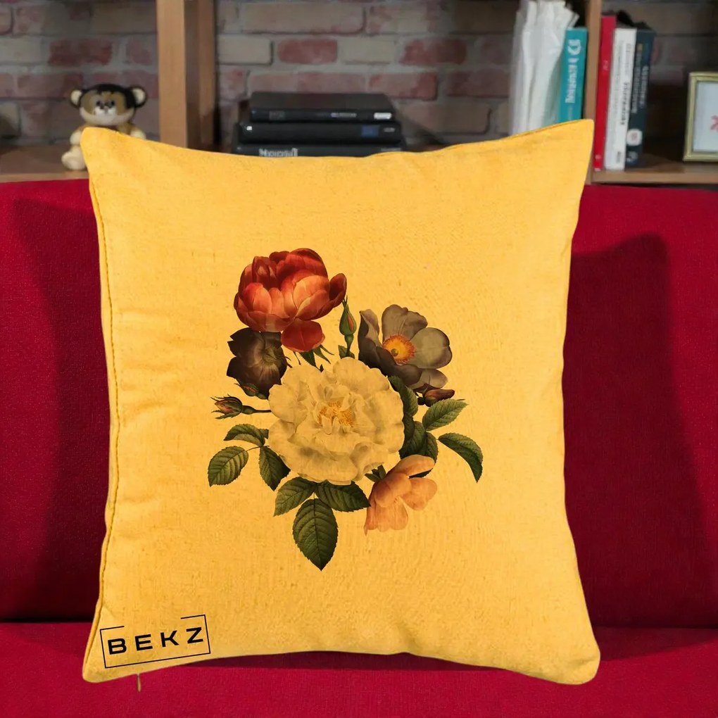 Perna Decorativa Buchet Trandafiri Bujori Botanical, 40x40 cm, Galben, Husa Detasabila, Perna Inclusa, BEKZ®