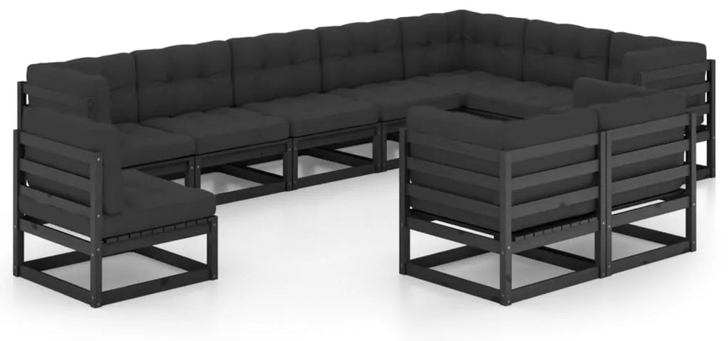 vidaXL Set mobilier grădină cu perne, 10 piese, negru, lemn masiv pin