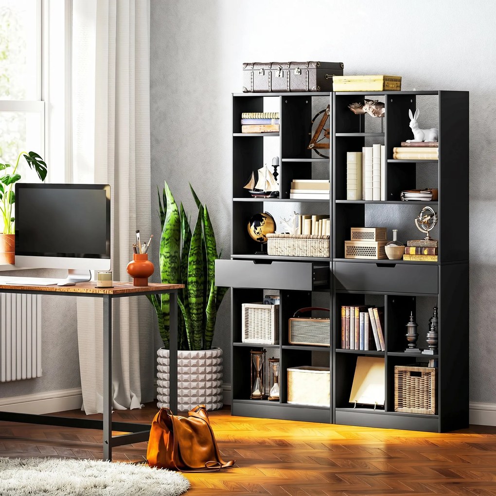 HOMCOM Bibliotecă Modernă din Lemn cu Sertar Central și Kit Antirăsturnare, 60x26x158 cm, Negru | Aosom Romania