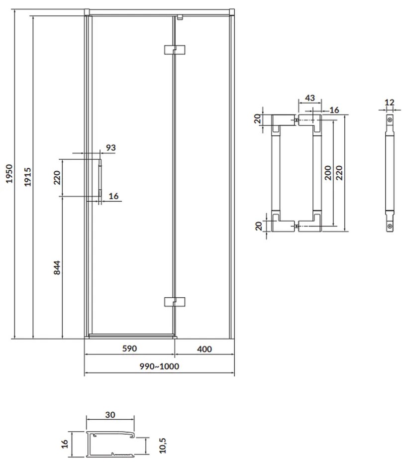 Usa sticla dus batanta 100x195 cm profil negru Cersanit Larga, montare dreapta 1000x1950 mm, Dreapta, Negru mat