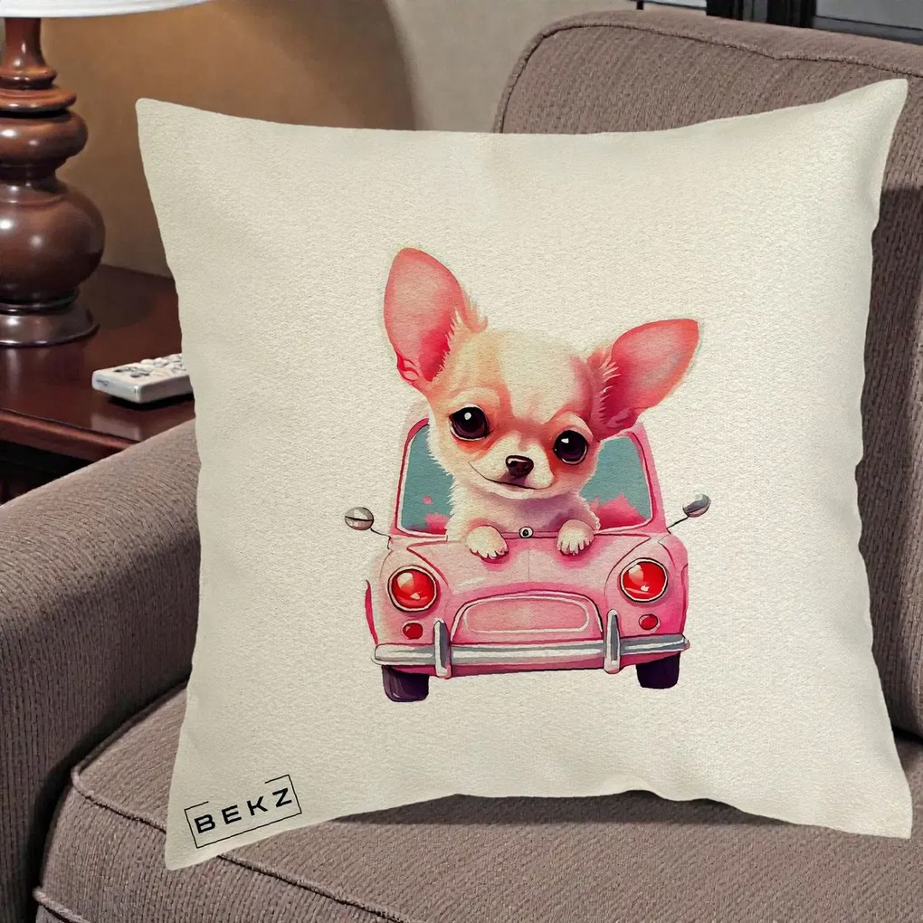 Perna Decorativa Chihuahua Roz in Masinuta, 40x40 cm, Ecru, Husa Detasabila, Perna Inclusa, BEKZ®